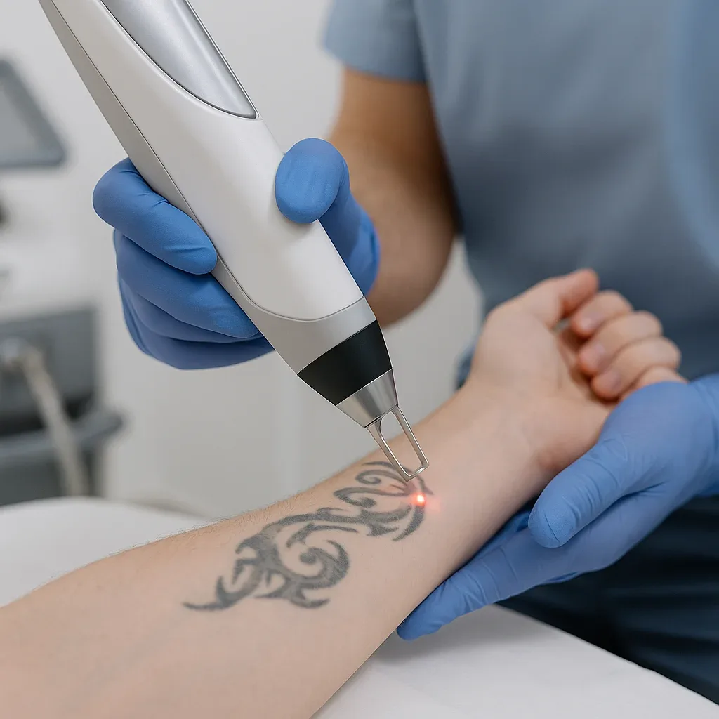 Close up van tattoo verwijdering met picosecondelaser op onderarm, zonder zichtbare tekst