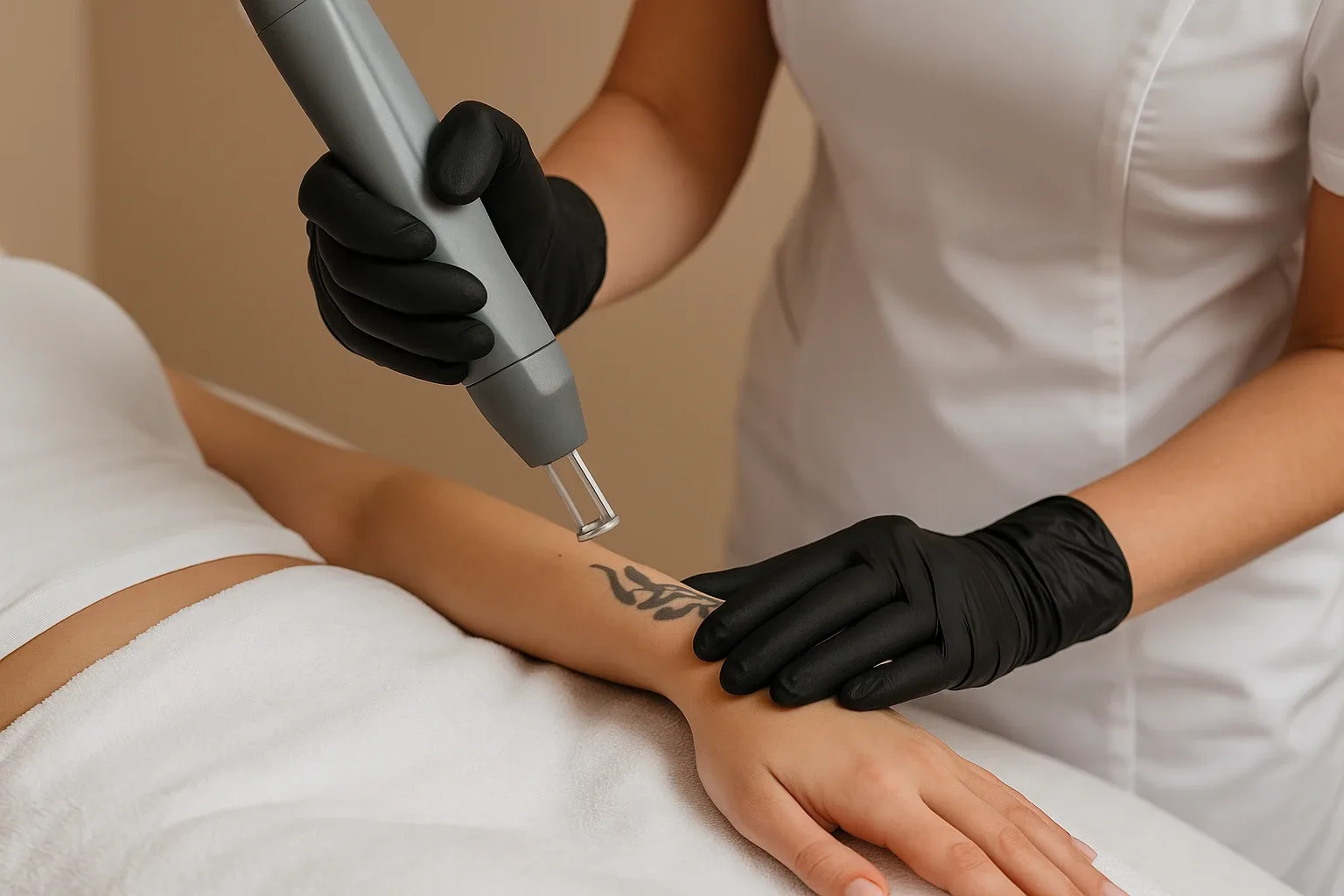Close-up van een tattoo laserbehandeling op een onderarm door een specialist met zwarte handschoenen