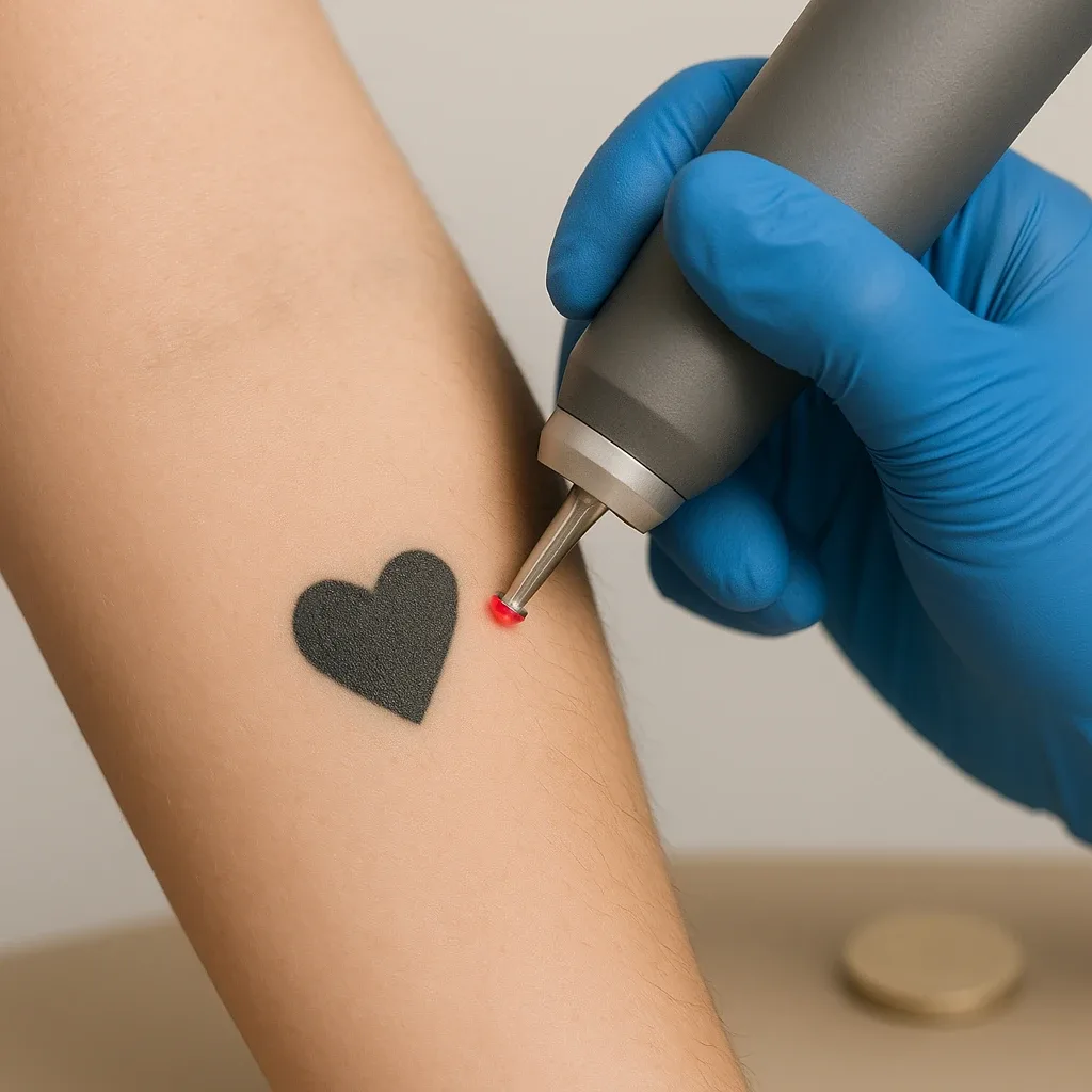 Laserbehandeling op onderarm met zwart hartje als tatoeage, uitgevoerd met precisie