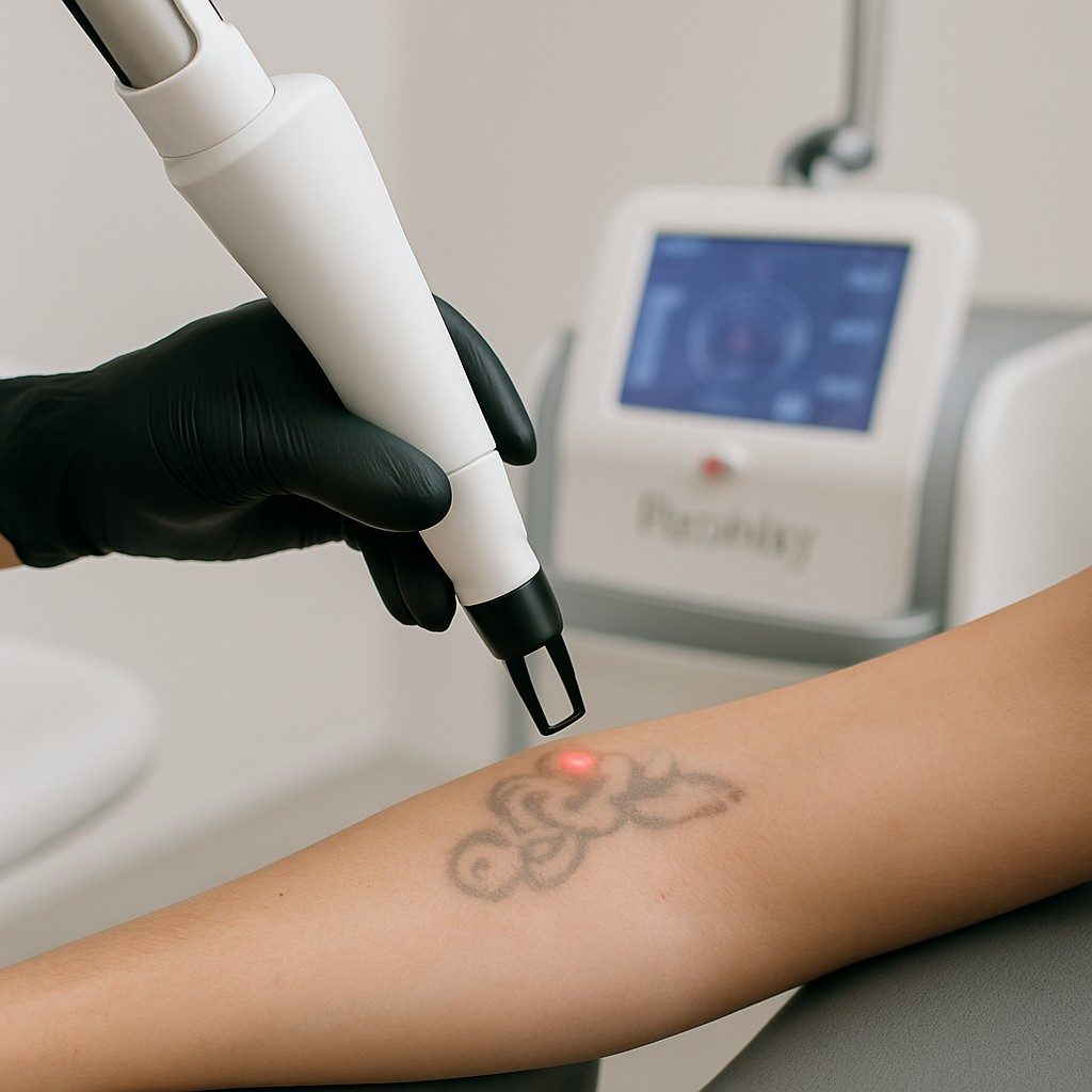 Close-up van een Picoway laserbehandeling voor tatoeageverwijdering op de arm, met focus op precisie en huidveiligheid.