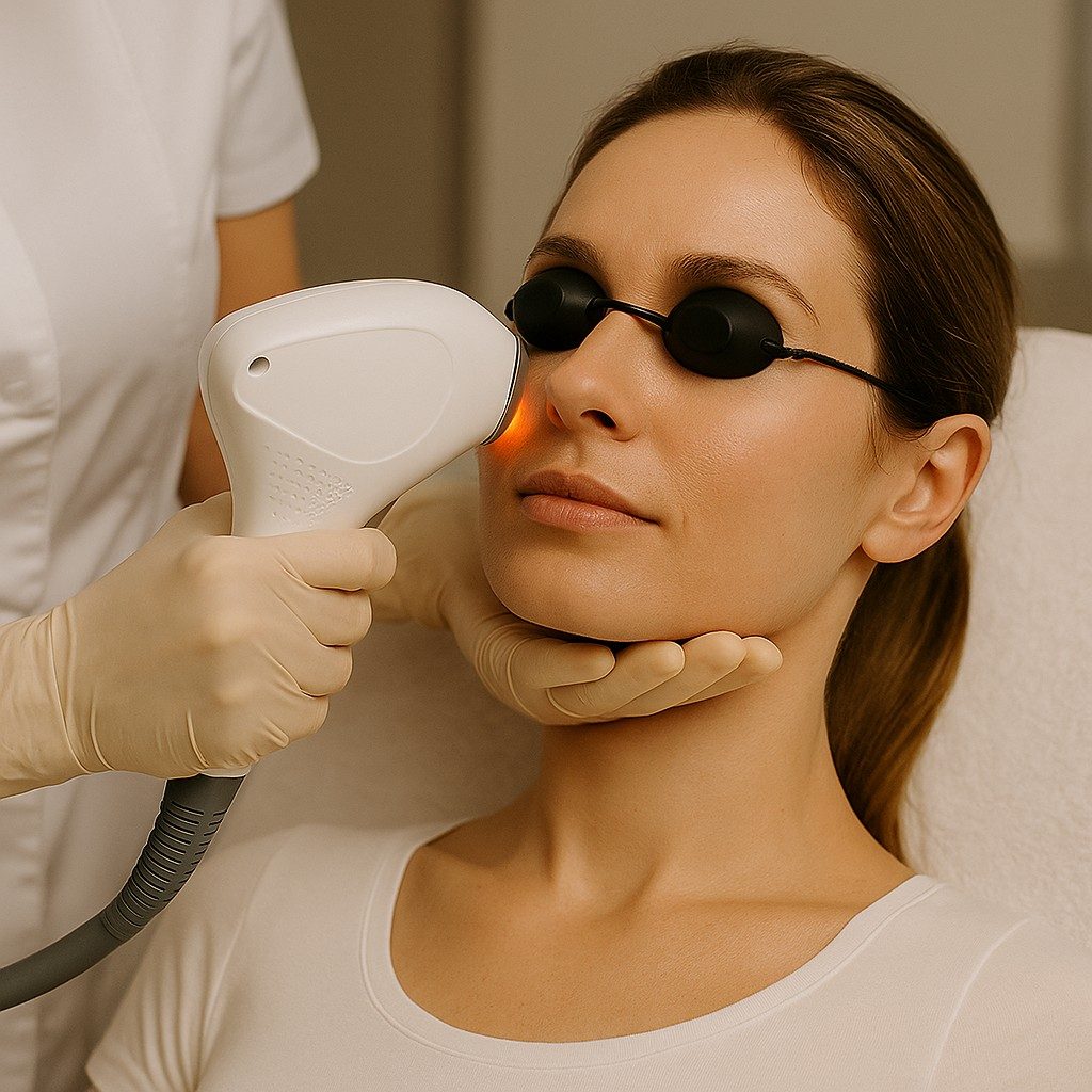 Vrouw ondergaat een laserbehandeling in een kliniek, met oogbescherming en een professionele laserhandstuk op haar huid gericht.
