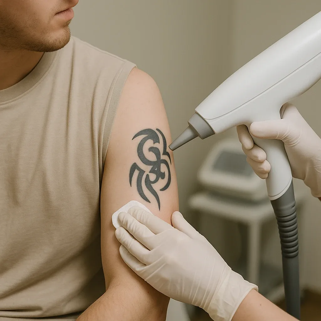Laserbehandeling voor tattoo weglaseren op bovenarm van man in klinische setting