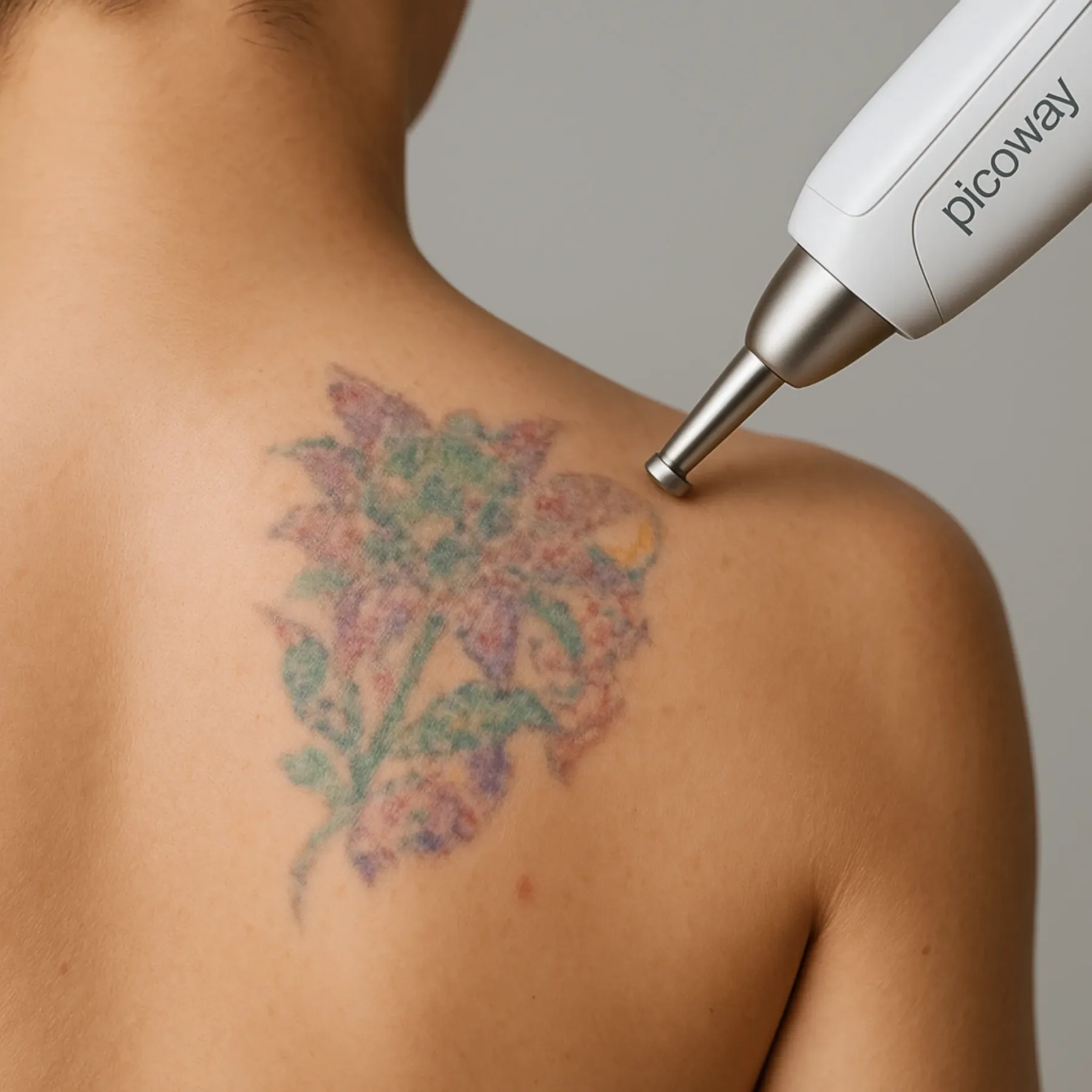 Laserhandstuk boven een vervaagde bloem-tatoeage op de schouder, klaar voor een professionele tattoo removal behandeling.
