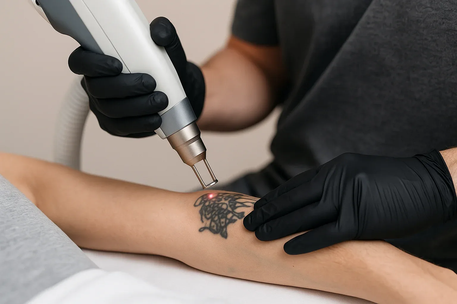 Tattoo verwijdering met laser op onderarm door specialist met zwarte handschoenen.