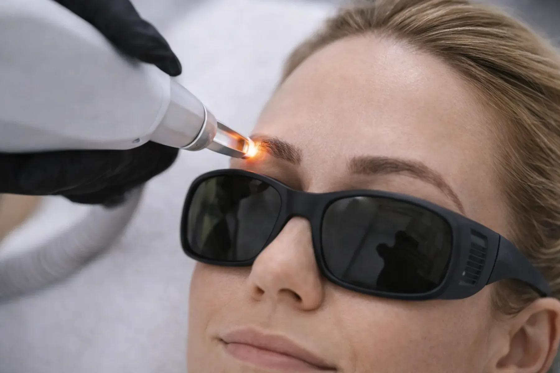 Laserbehandeling voor het verwijderen van PMU bij een wenkbrauw in een professionele kliniek.