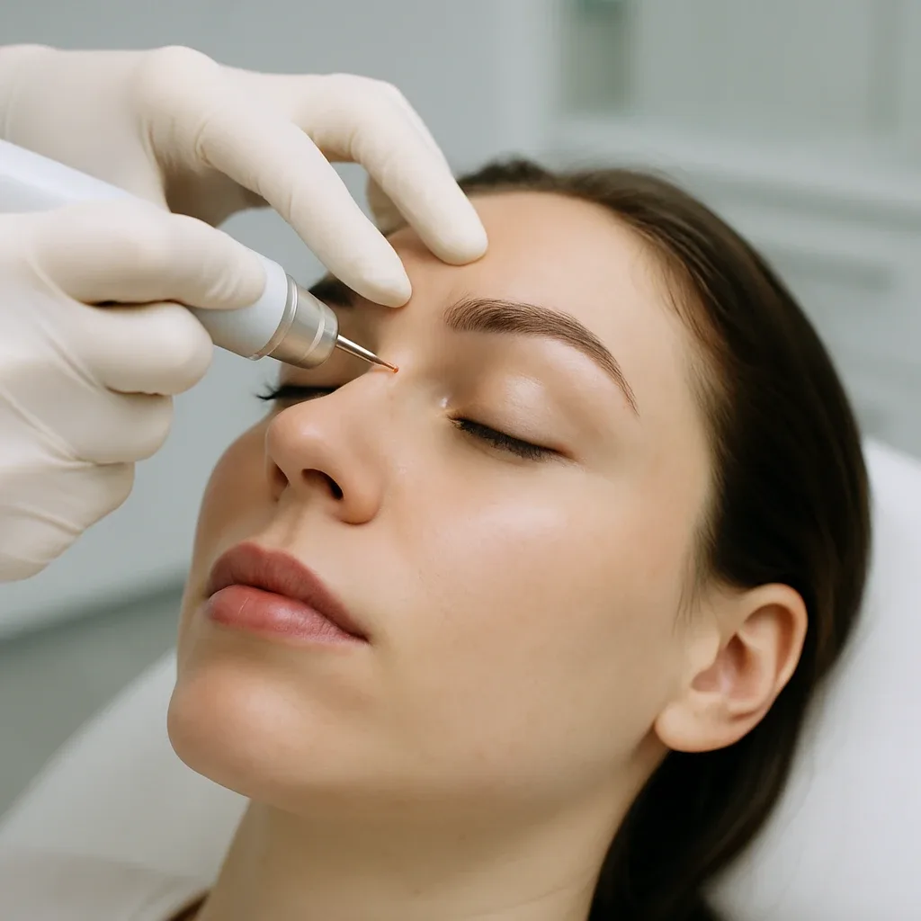 Close-up van een vrouw die een laserbehandeling ondergaat voor het verwijderen van permanente make-up bij haar wenkbrauwen.