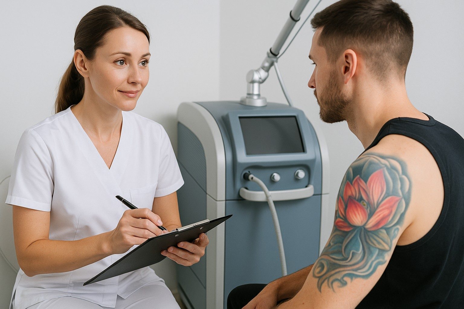 Laserontharing behandeling in moderne kliniek in Almere waarbij een specialist met een laser apparaat de oksel behandelt.