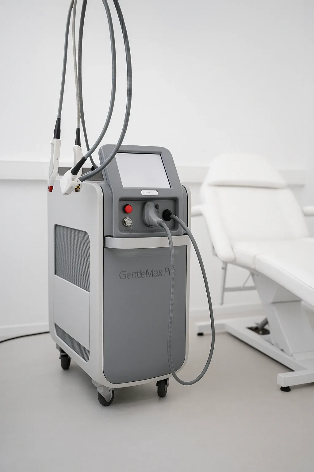 GentleMax Pro laserapparaat met dubbele handstukken in een moderne behandelkamer