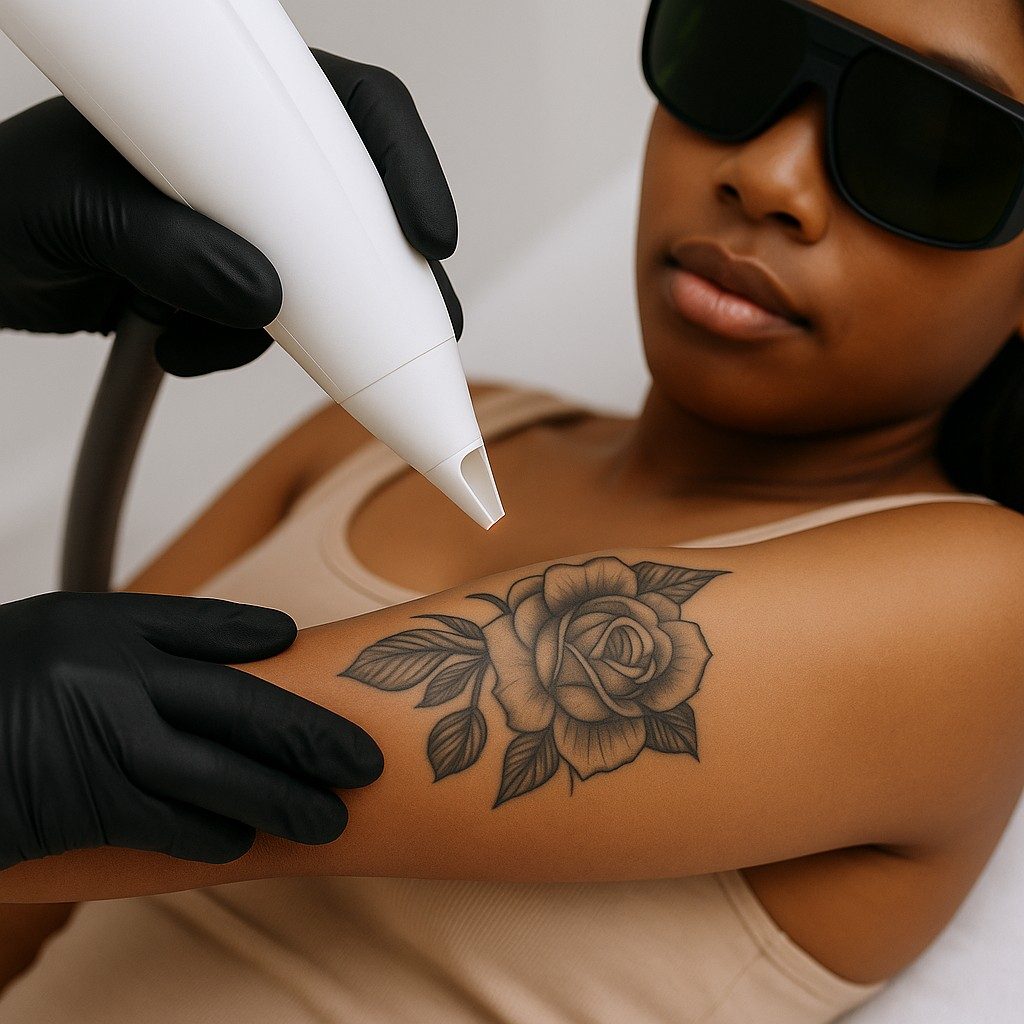 Laserbehandeling voor het verwijderen van een tatoeage op de arm, uitgevoerd in een moderne kliniek