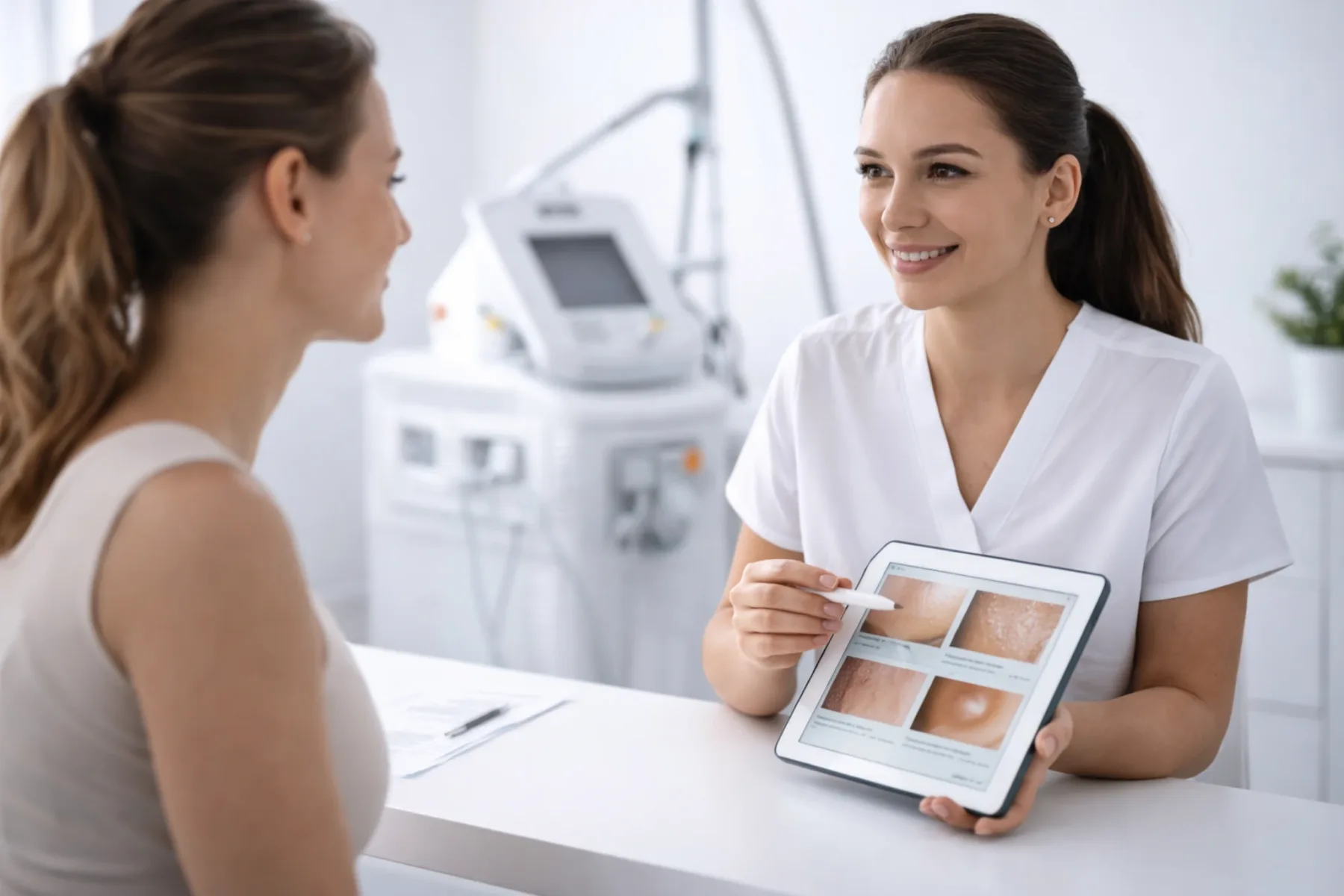 Consult bij laser kliniek met persoonlijk behandelplan op tablet