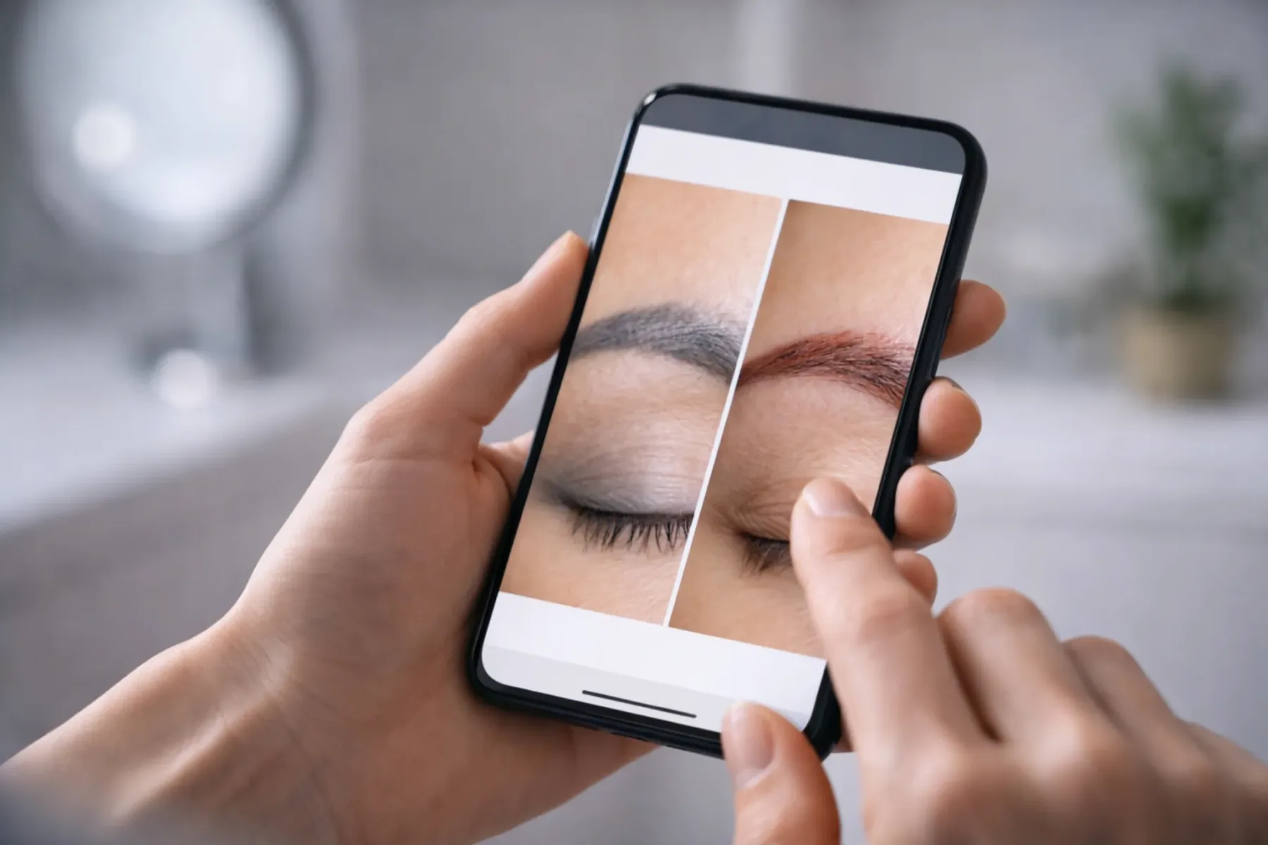 Voor en na resultaat van wenkbrauwbehandeling bekeken op smartphone