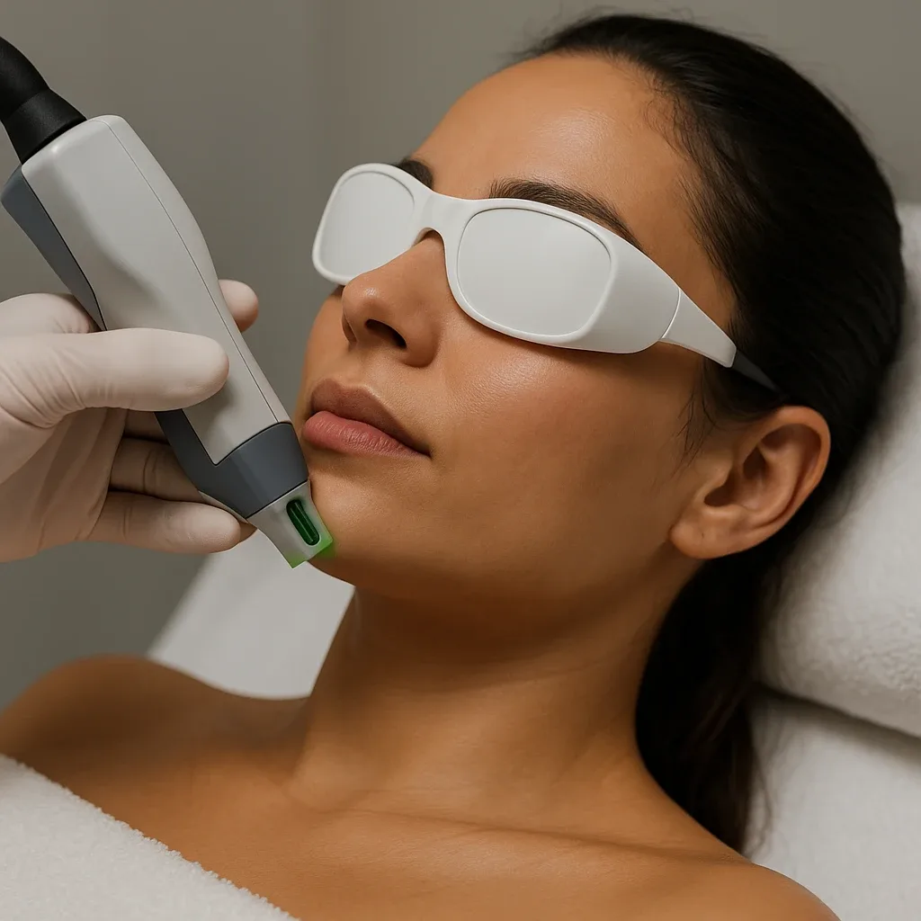 Vrouw ondergaat laserontharing in het gezicht met beschermbril op