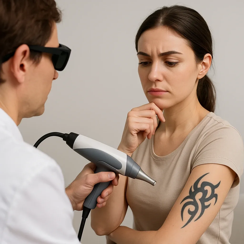 Vrouw kijkt nadenkend naar haar bovenarmtattoo tijdens een consult voor laserverwijdering