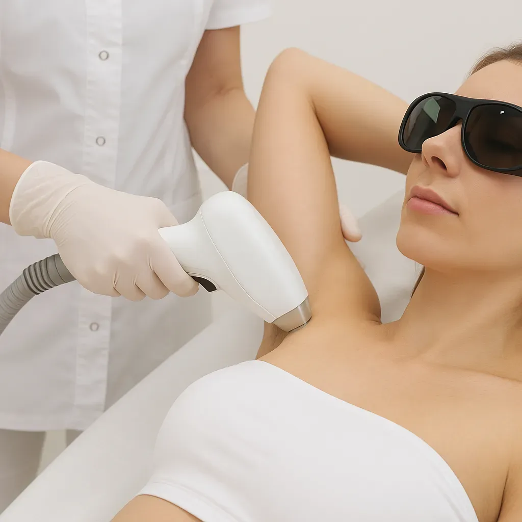Een vrouw ondergaat een laserontharingsbehandeling onder haar oksel in een klinische setting