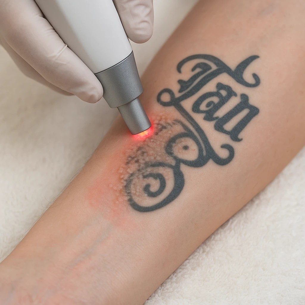 Close-up van een laserbehandeling voor tattoo removal op de huid, met zichtbaar roodheid en vervagend pigment