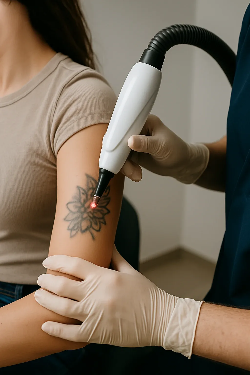 Laserbehandeling voor het verwijderen van een tatoeage op de bovenarm in een professionele kliniek.