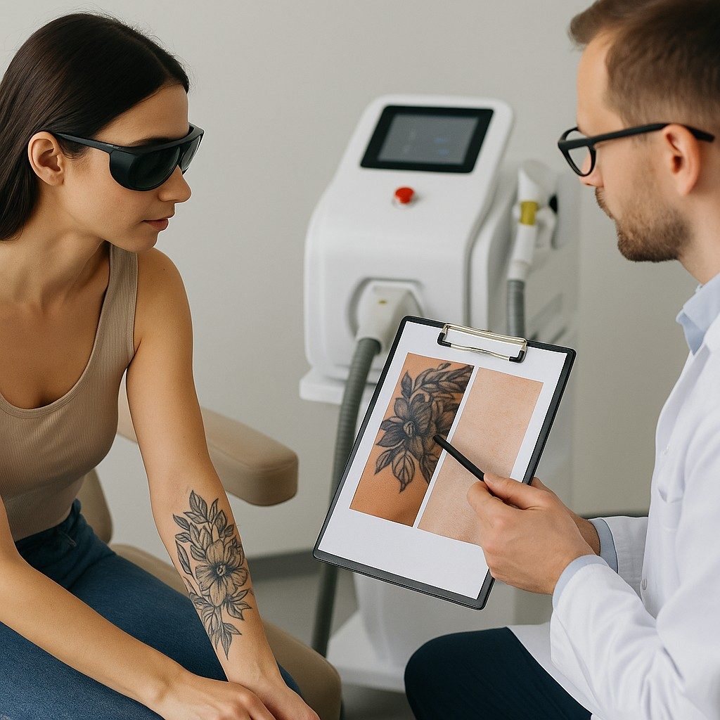 Een tatoeageverwijderingsspecialist voert een intakegesprek en huidanalyse uit met een cliënt die een bloemen-tatoeage op haar bovenarm heeft, in een schone medische ruimte met laserapparatuur op de a