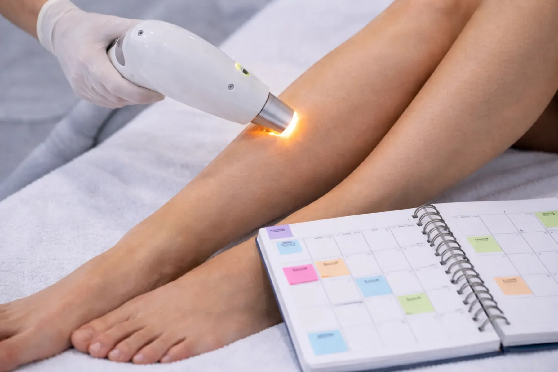 Laserontharing op het onderbeen in een kliniek, met een laserhandstuk op de huid en een open agenda naast het behandelbed.