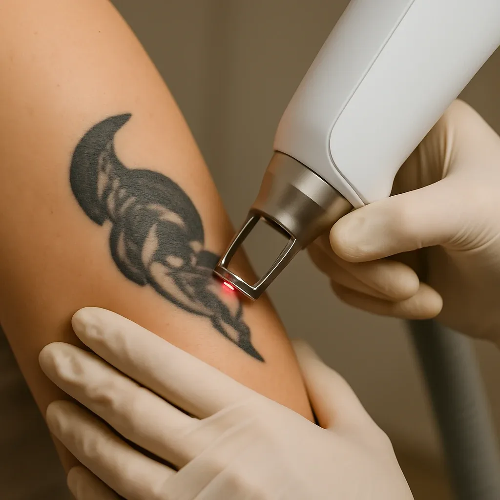 Close-up van laserbehandeling bij tatoeage op bovenarm