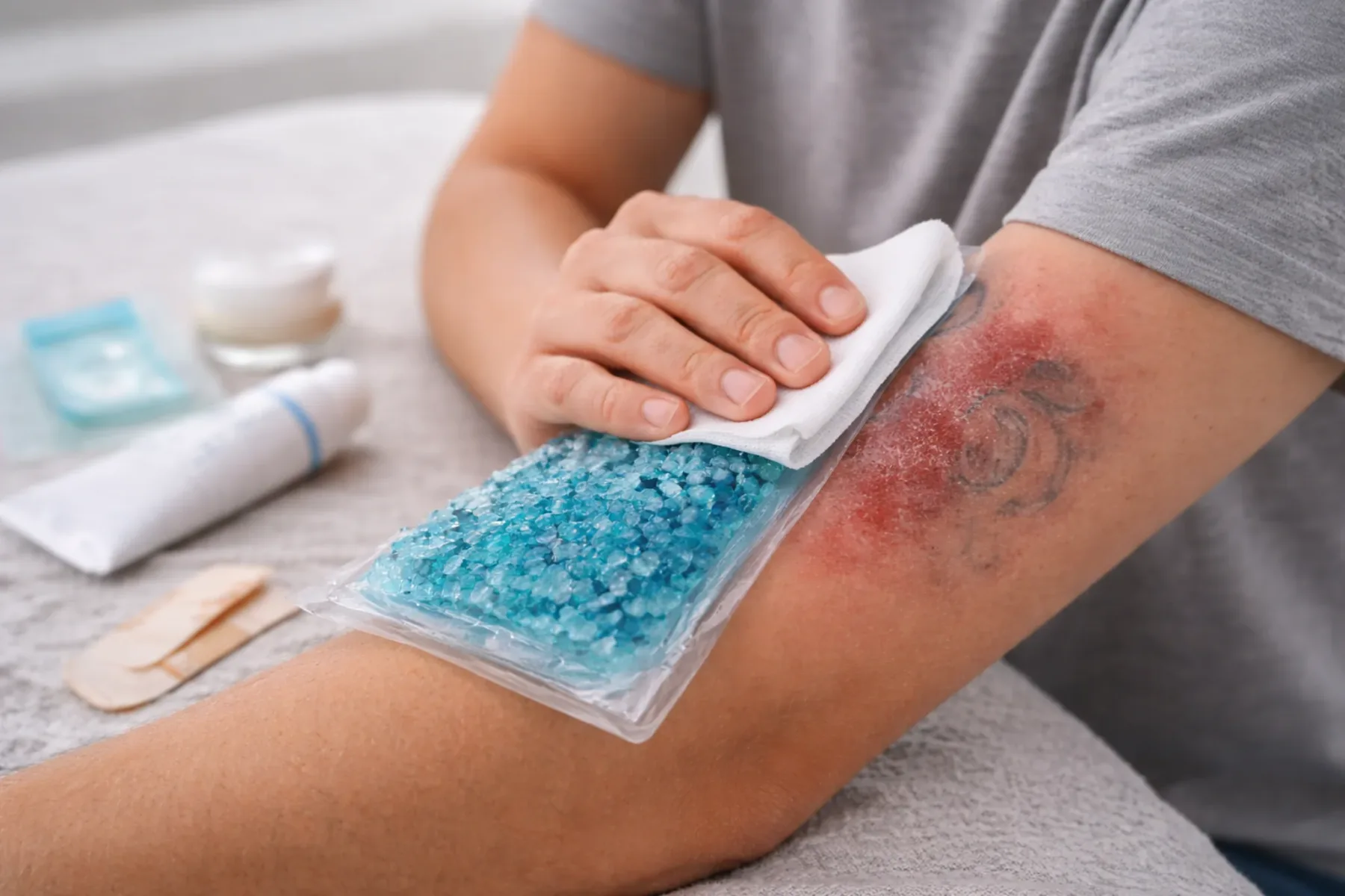 Koelen van behandelde huid na tattoo verwijderen met cold pack en gaas ter ondersteuning van nazorg