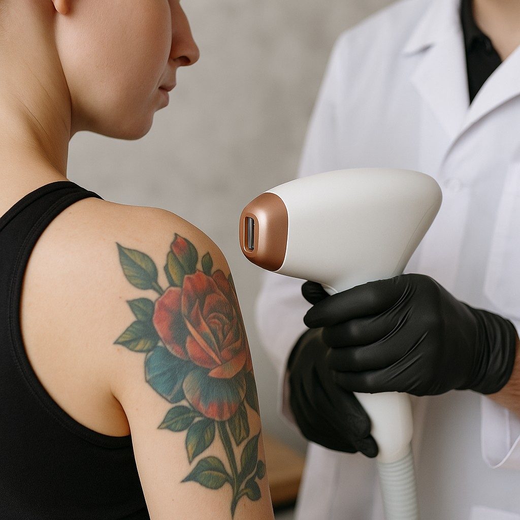 Specialist bereidt tattoo weglaseren voor op kleurrijke tattoo tijdens intakegesprek