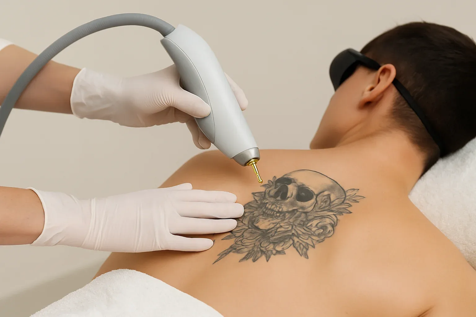 Close-up van tattoo laserverwijdering op de bovenrug met skull tattoo