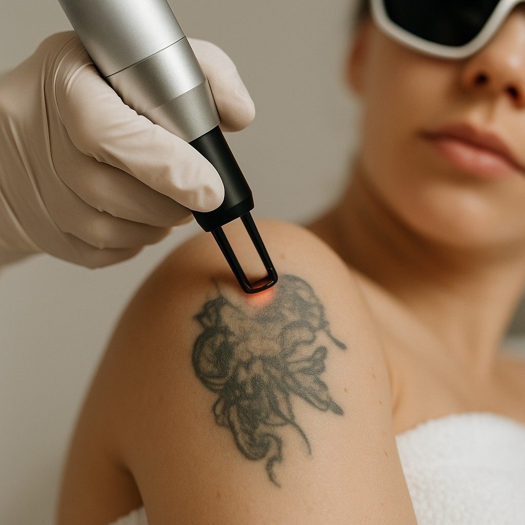 Close-up van een tattoo verwijderen waarbij een tattoo op de bovenarm zorgvuldig wordt verwijderd