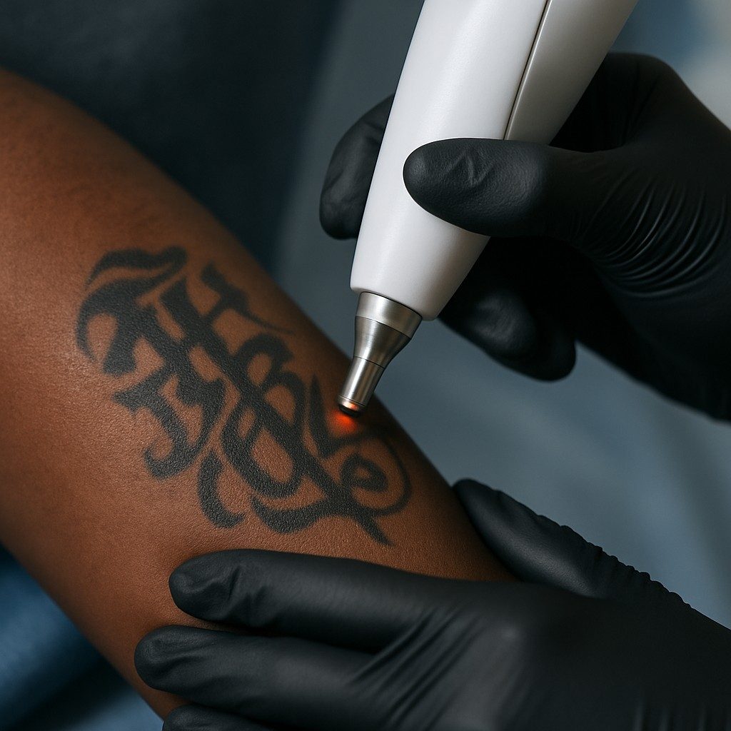 Close-up van tattoo weglaseren kosten voor het verwijderen van een zwarte tattoo op een donker huidtype