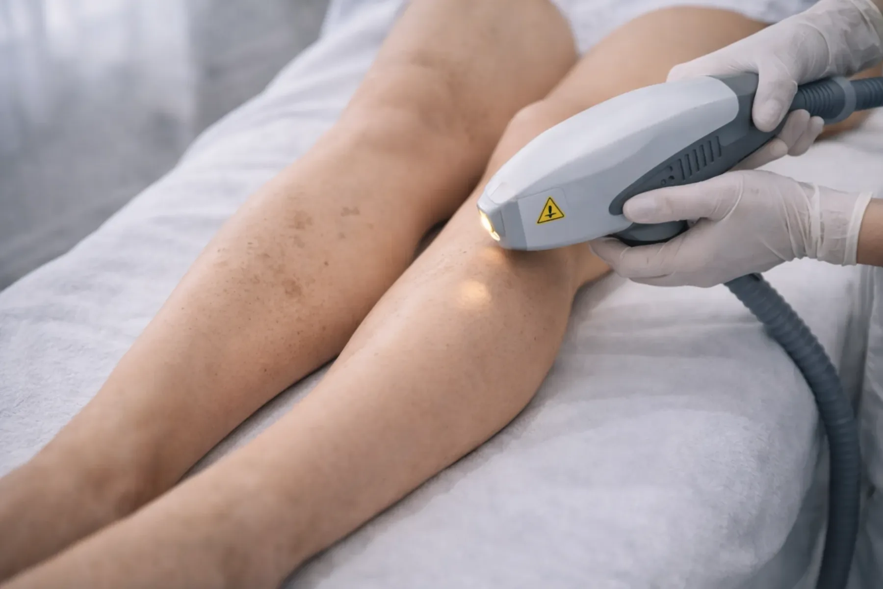 Laserontharing op het onderbeen in een kliniek, waarbij een behandelaar met handschoenen een laserhandstuk over het been beweegt voor een gelijkmatige behandeling.