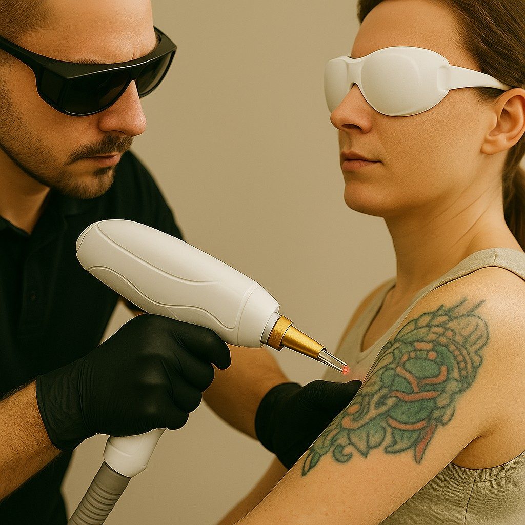 Specialist voert laserbehandeling uit op de bovenarm van een vrouw met een gekleurde tatoeage, beide dragen beschermende brillen.