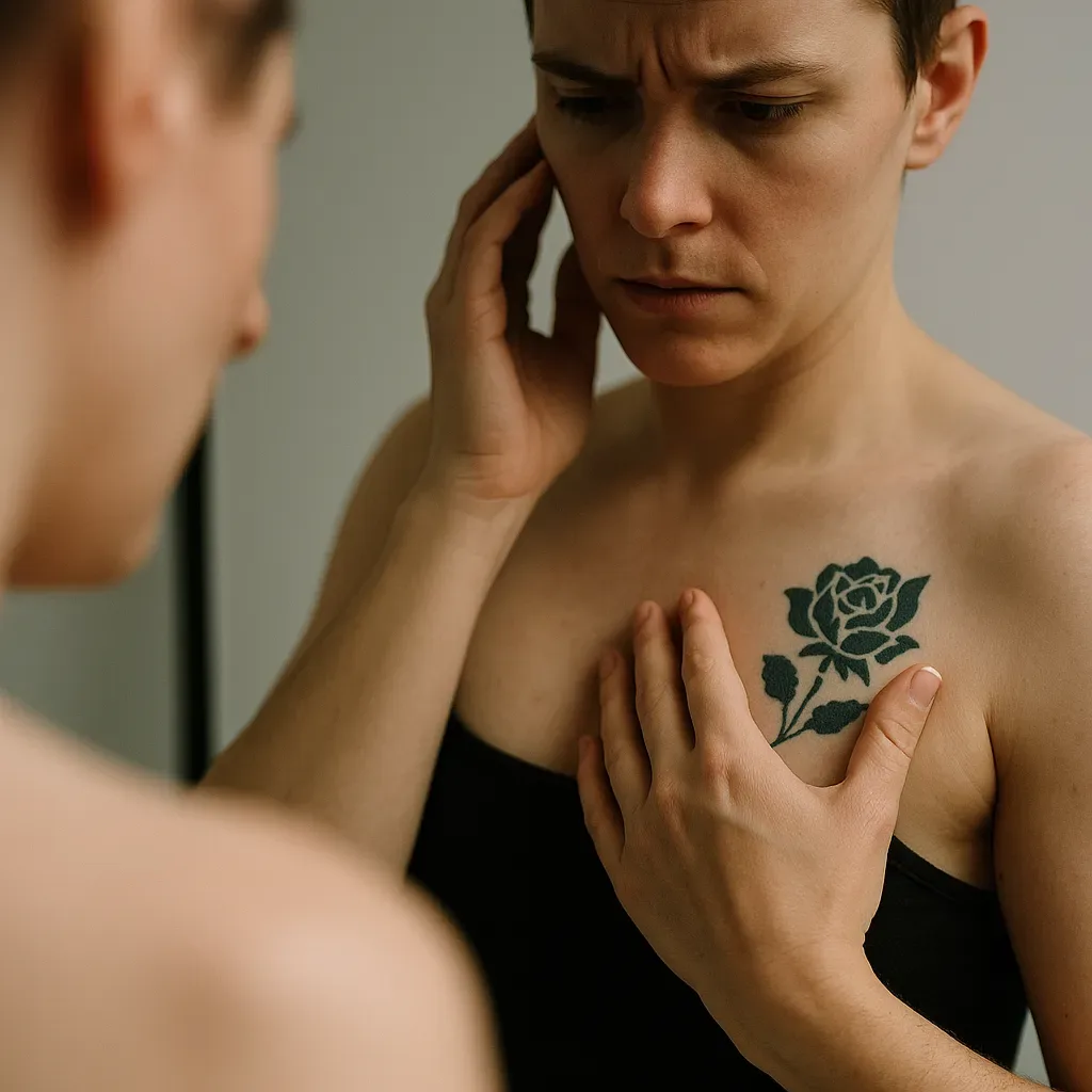 Een persoon kijkt in de spiegel naar een tatoeage op zijn borst en raakt deze voorzichtig aan