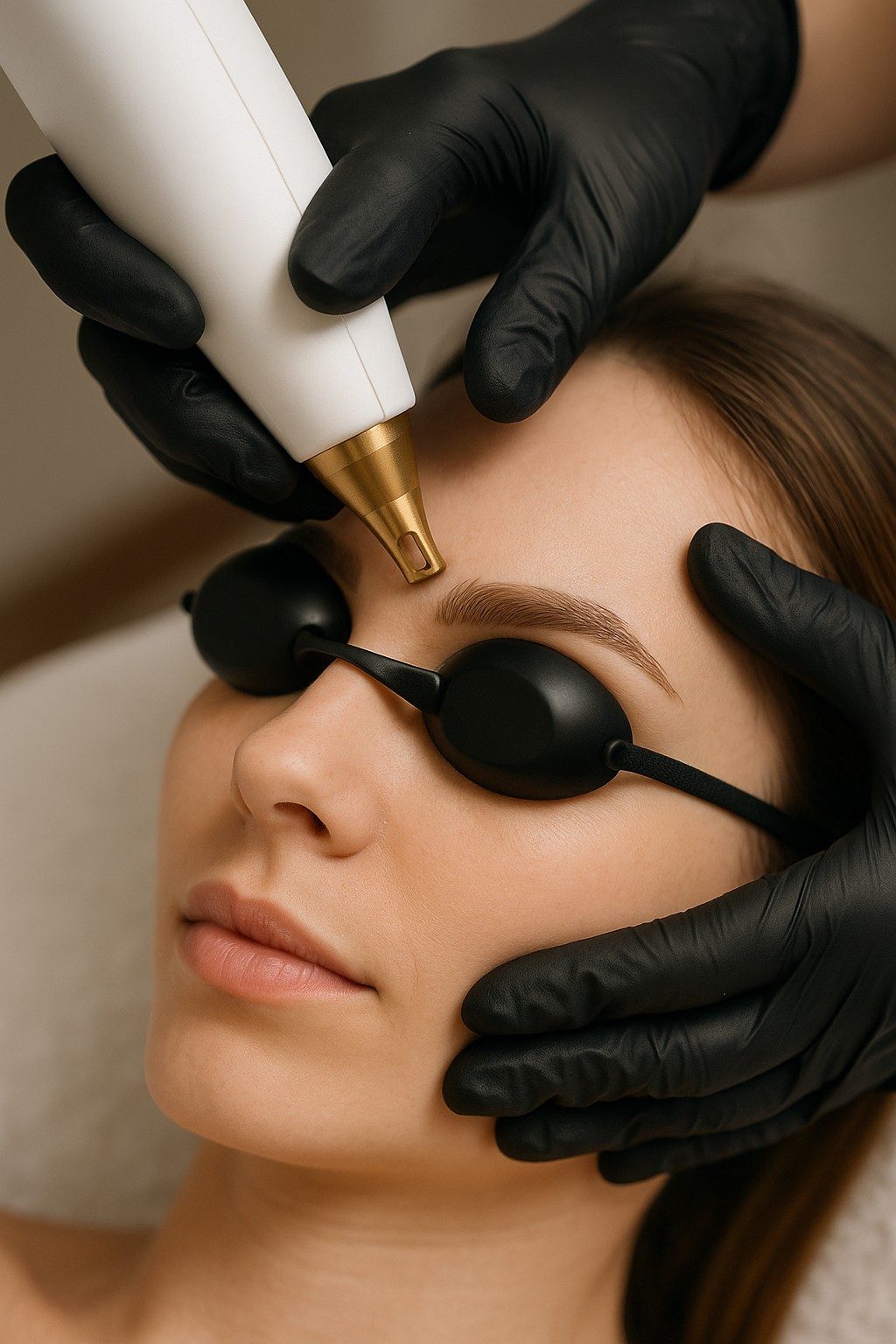 Laserbehandeling voor het verwijderen van permanente make-up op de wenkbrauwen bij een vrouw in een klinische setting