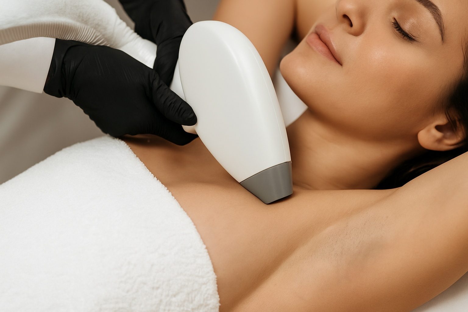 Vrouw ondergaat een laserontharingsbehandeling aan de oksel met een professioneel laserapparaat.