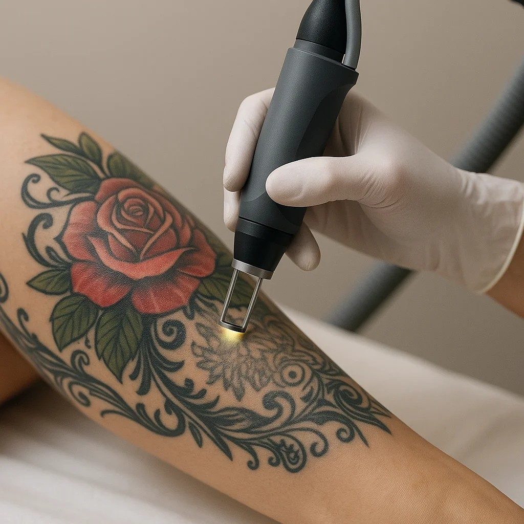 Laserontharing behandeling in moderne kliniek waarbij een specialist met een laser apparaat een been behandelt, met close up van haarzakjes in de huid.