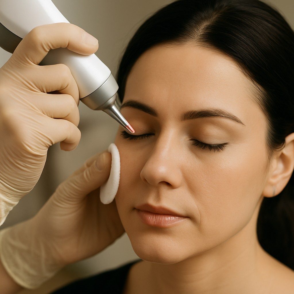 Laserbehandeling voor het veilig verwijderen van permanente make-up rond het oog bij een vrouw