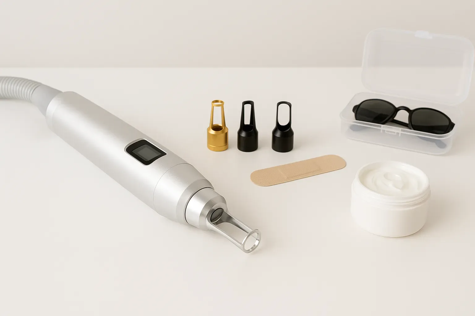 Tattoo verwijderingsapparaat en accessoires netjes gepresenteerd op een witte tafe
