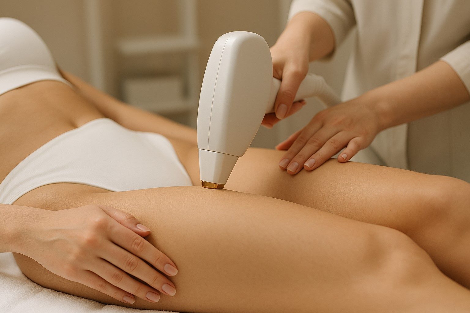 Close-up van een laserbehandeling op het dijbeen van een vrouw in een professionele kliniek