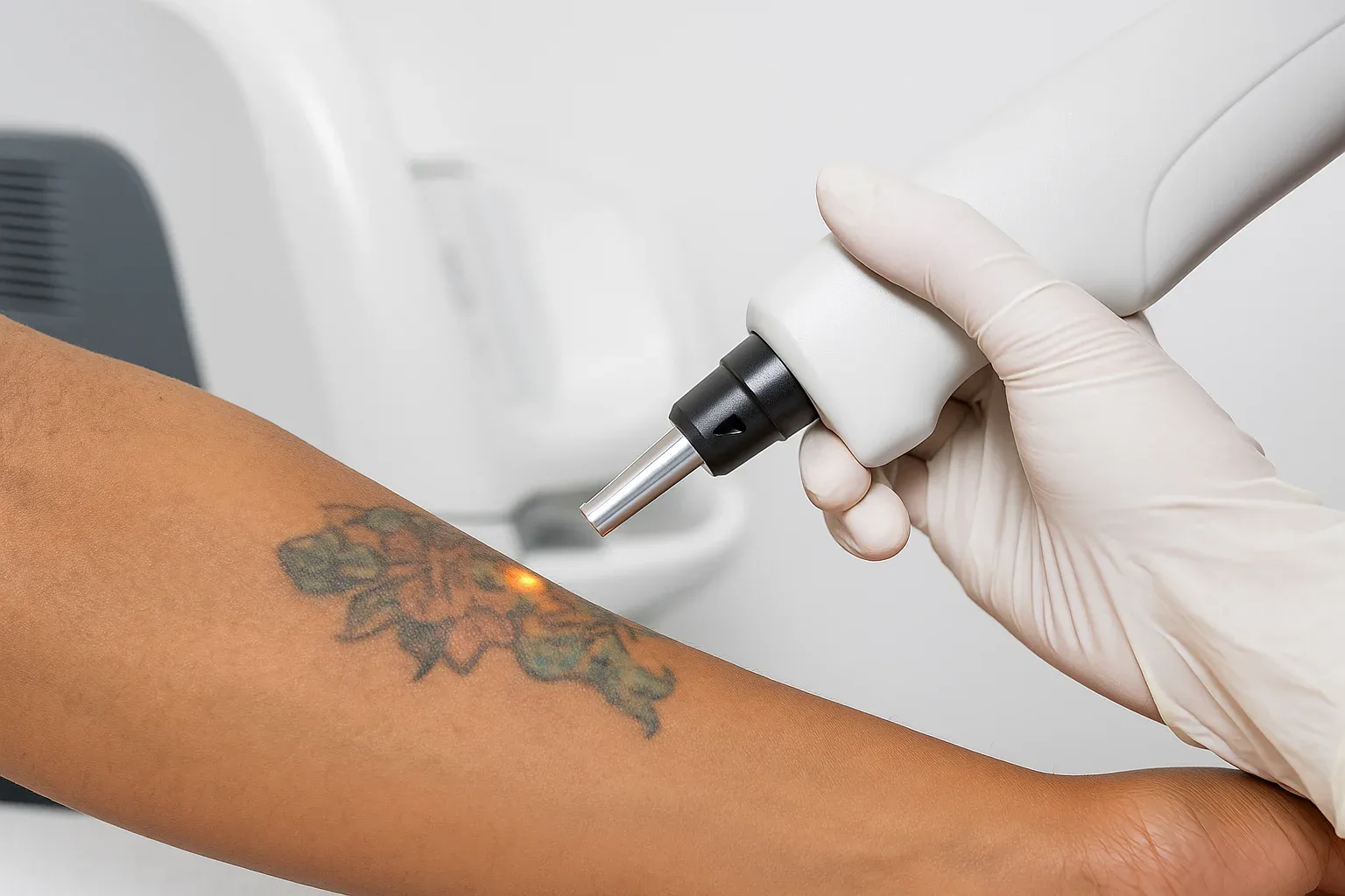 Laser verwijdert kleurrijke tatoeage op onderarm tijdens klinische behandeling