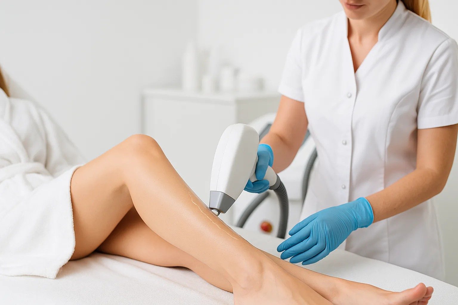 haren laserenvan het onderbeen met diodelaser in moderne kliniek; koeling en gel voor comfort