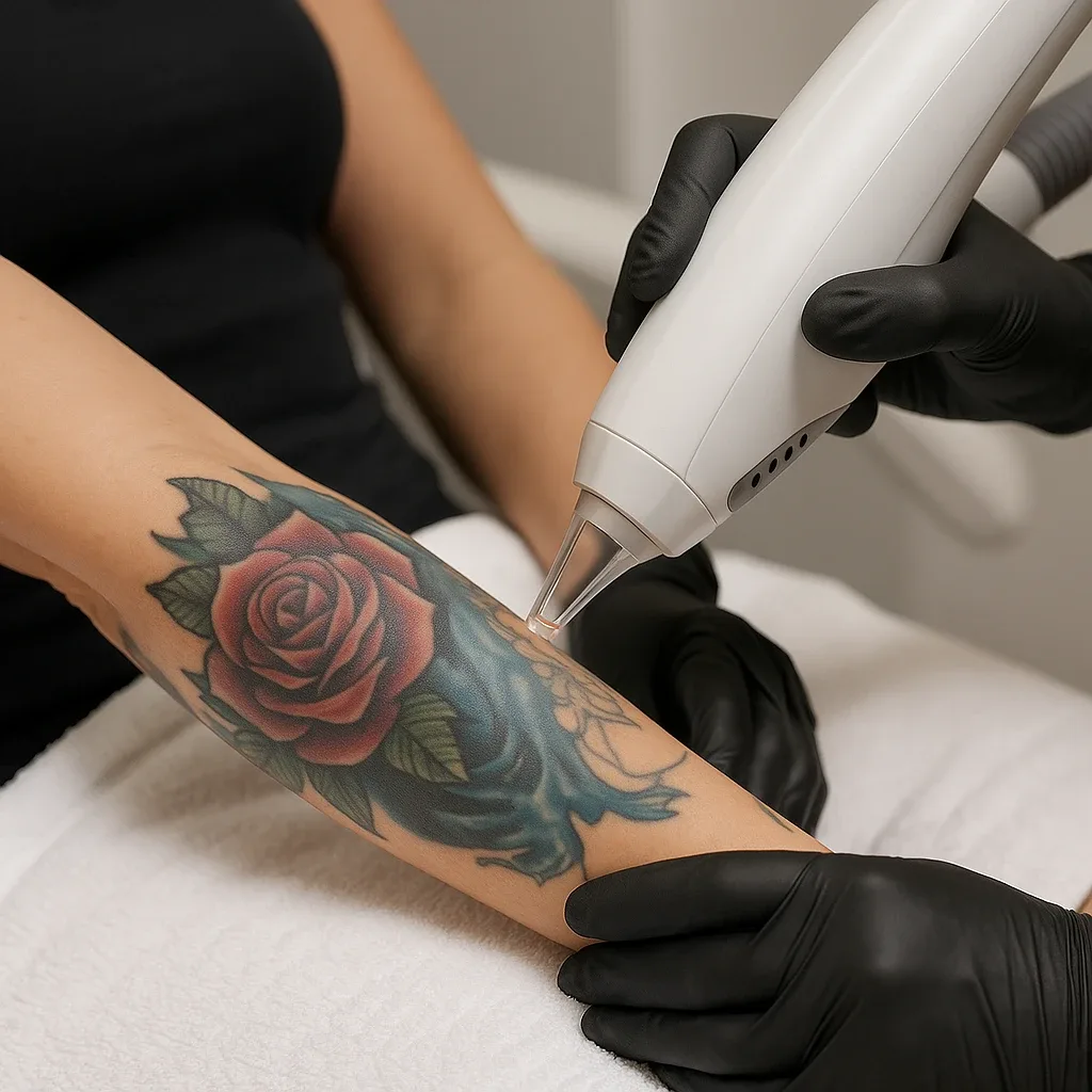 Picoway laserbehandeling op kleurrijke rozentattoo op onderarm in klinische setting
