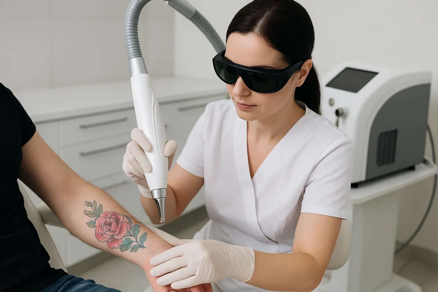 Laserbehandeling op kleurrijke rozentattoo op onderarm door vrouwelijke specialist